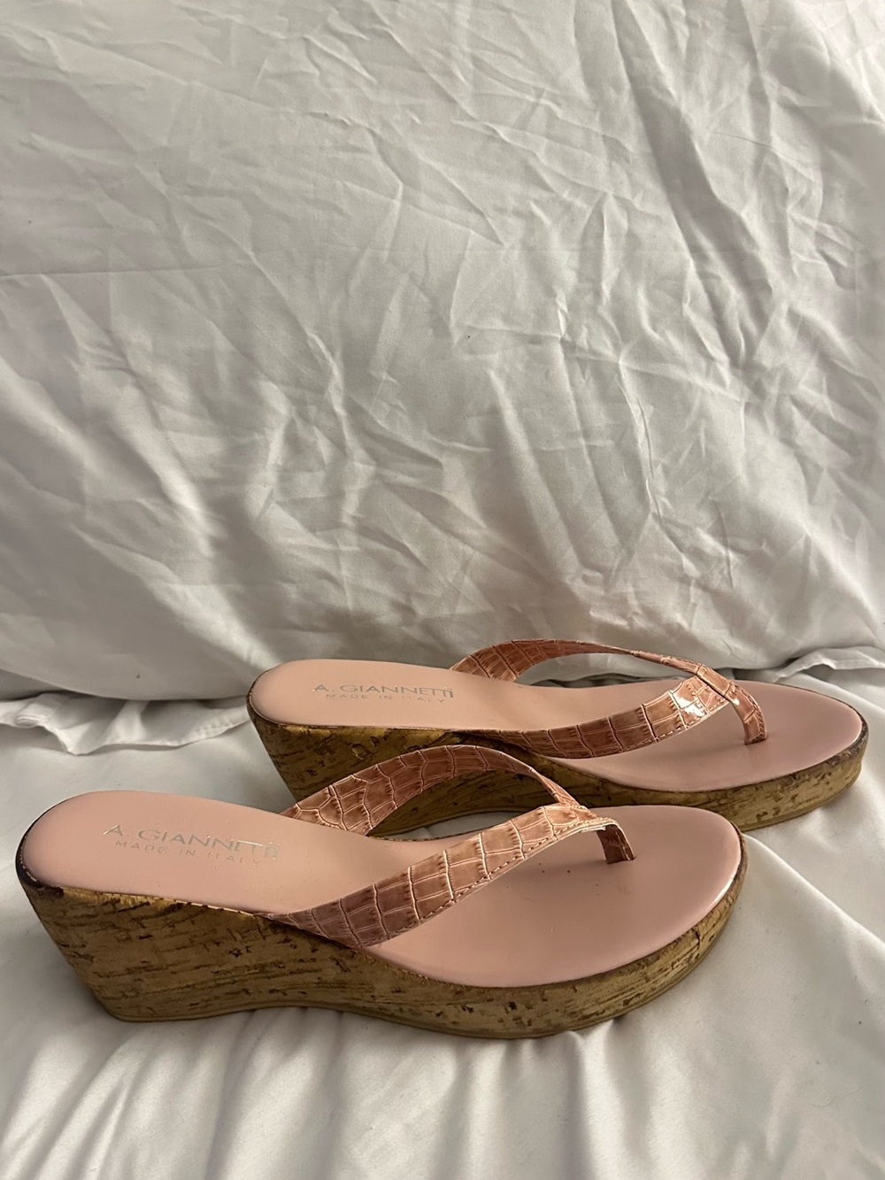 A. Giannetti Blush Pink Croc-Embossed Cork Wedge Thongs